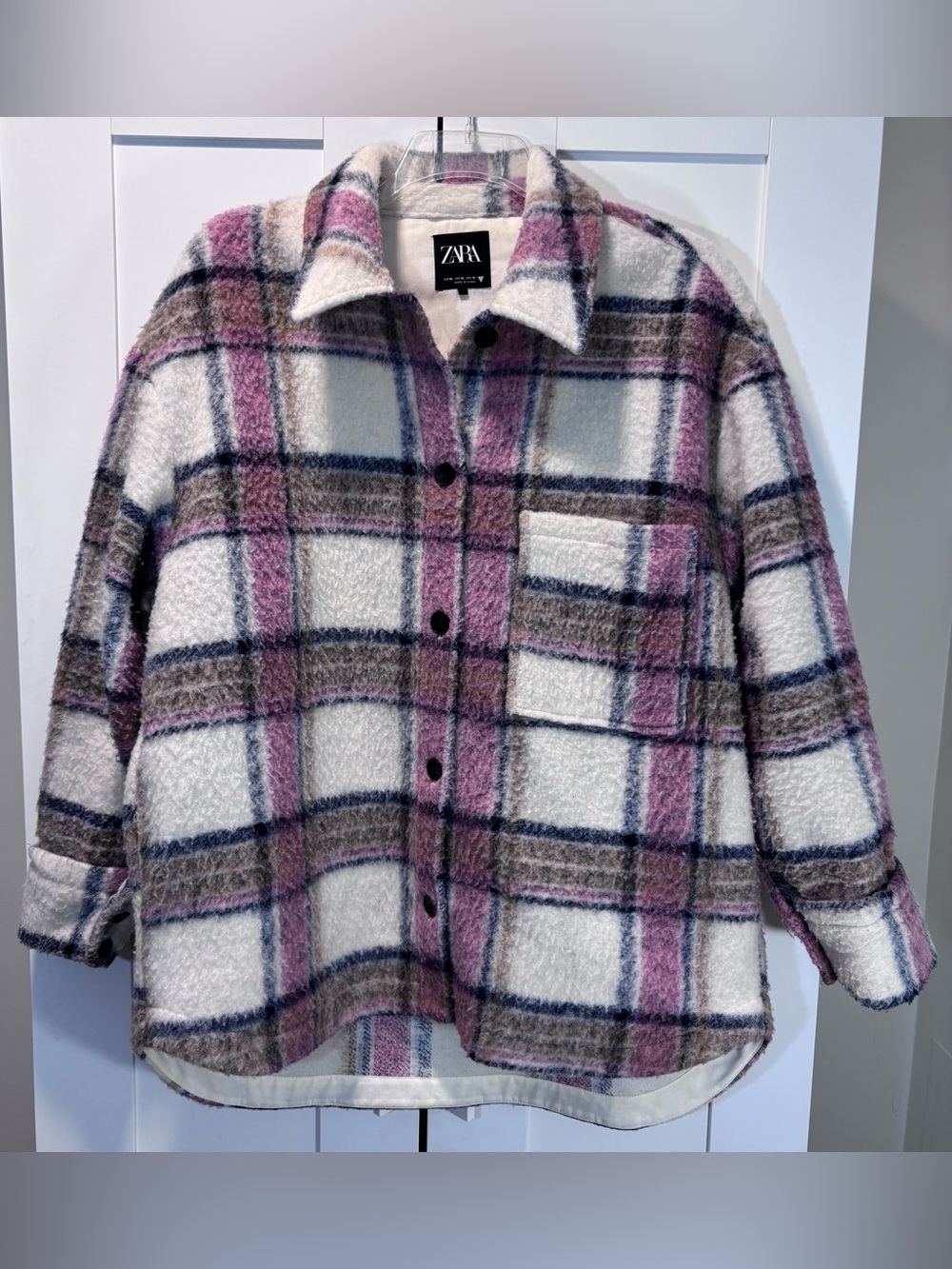 ZARA Wool Cotton Blend Plaid Oversized Shacket Jacket Women’s XL Pink Multicolor